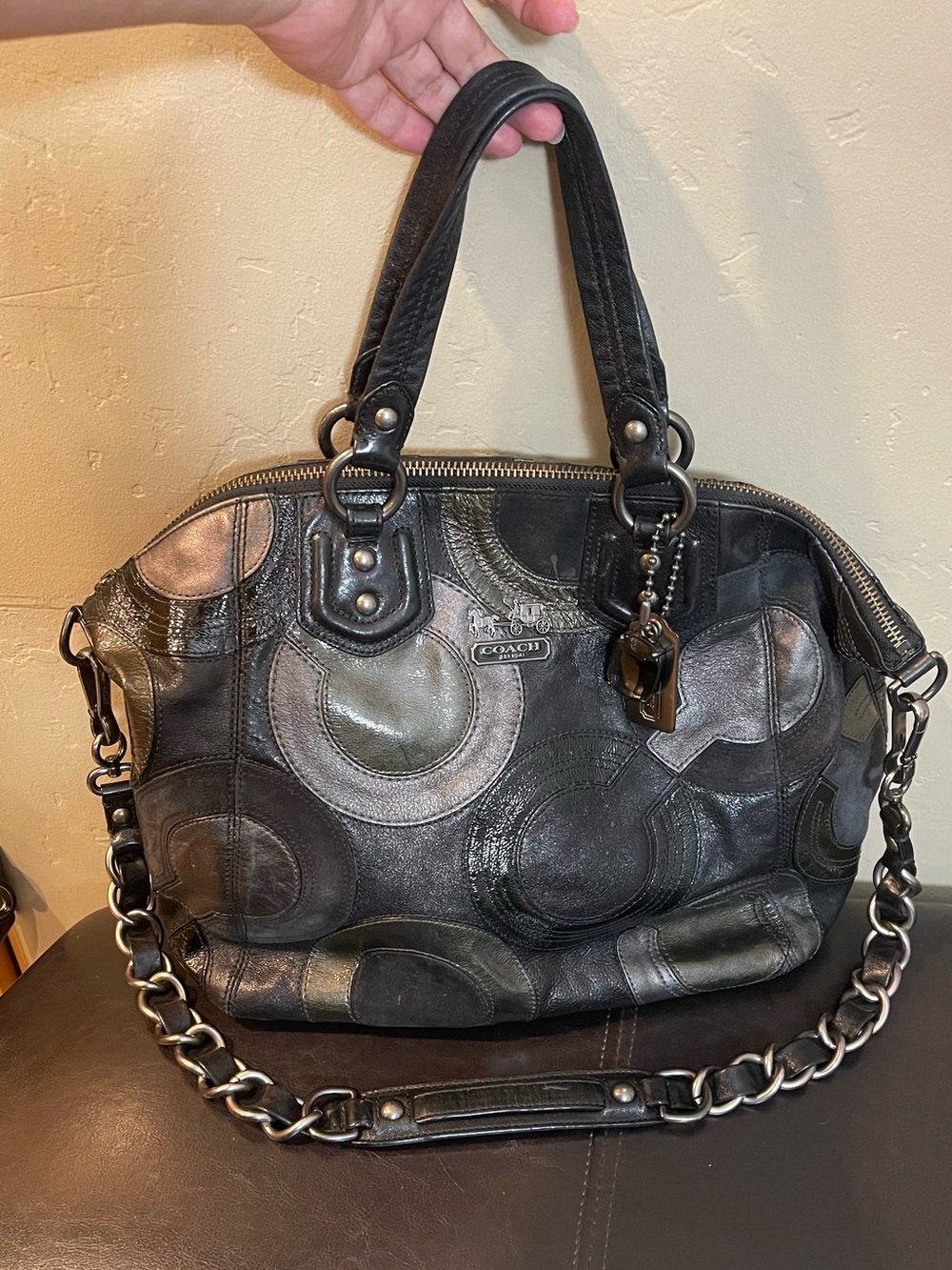 Coach Black gray Metallic Patchwork Circle Satchel shoulder Chain Strap jewel
